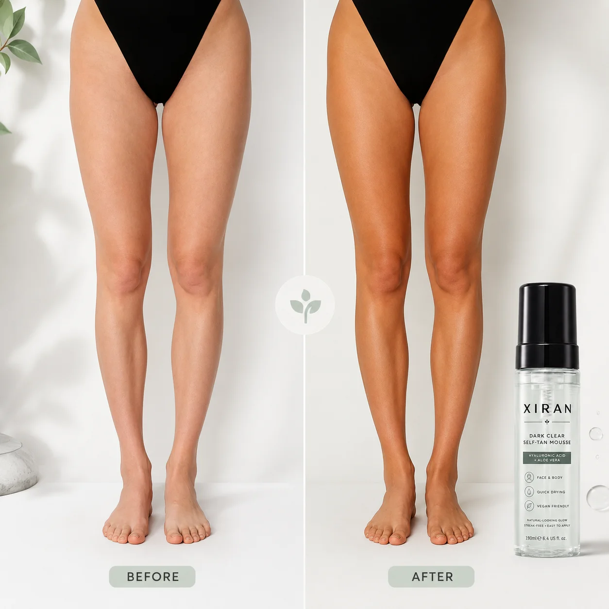 Side-by-side comparison of legs before and after applying self-tanner, with a bottle of self-tanning mousse shown on the right.